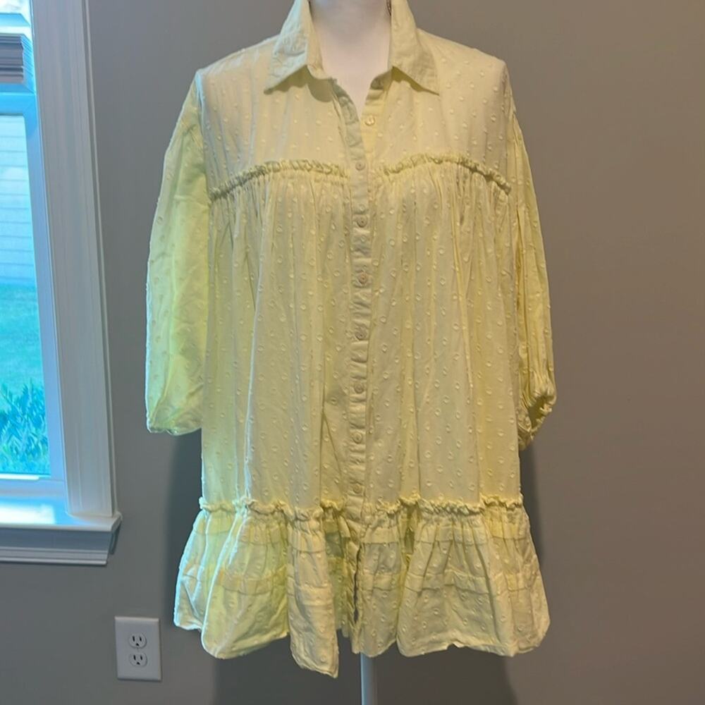 Mable Clothing 3/4 Sleeve yellow Mini Dress Eyelet Ruffles Med‎ M babydoll Boho